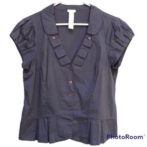 Anthropologie Navy Blue Short Sleeve Ruffled Button Front Blouse